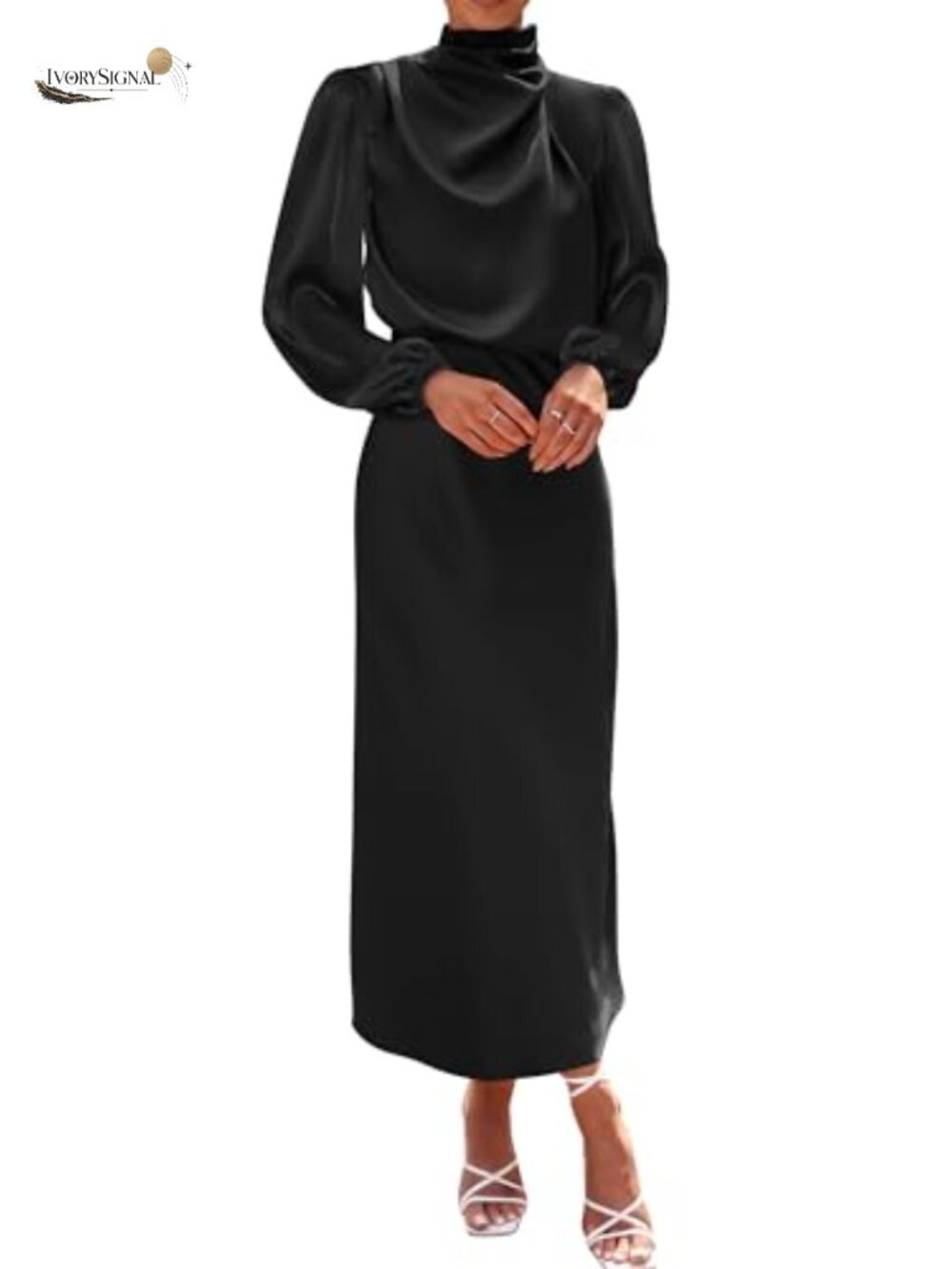 Mock Neck Satin Maxi Dress Long Sleeve Pleated Formal